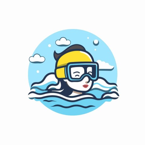 Swimming girl in goggles and cap in the sea. Vector illustration