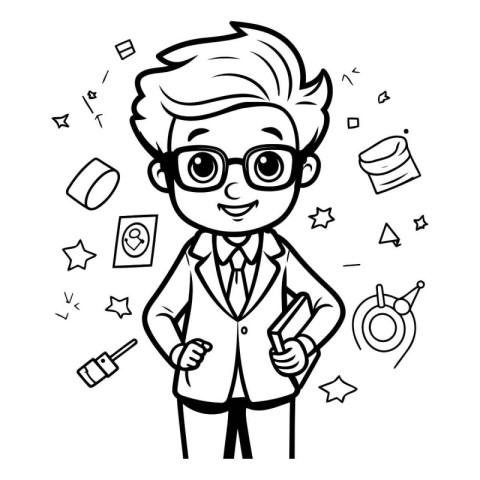 Black and White Cartoon Illustration of School Boy Student or Te