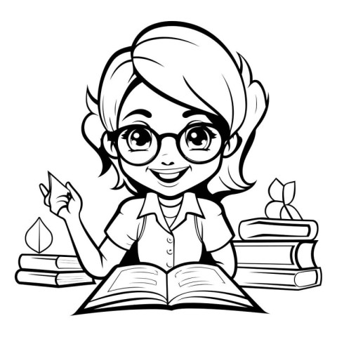 Girl Student Studying - Black and White Cartoon Illustration. Ve