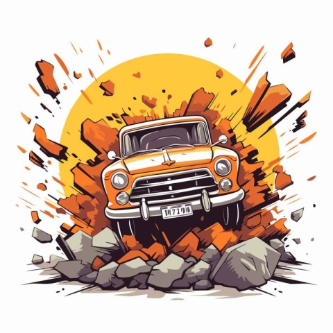 Vintage car on grunge background. Hand drawn vector illustration