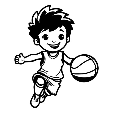 Little boy playing basketball isolated on white background. Blac