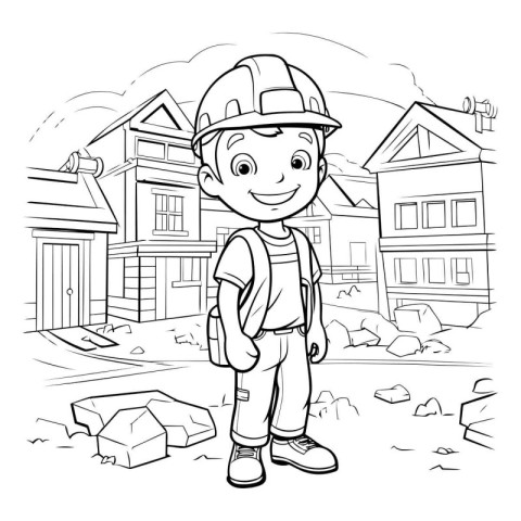 Coloring Page Outline Of a Boy in a Hard Hat at the Construction