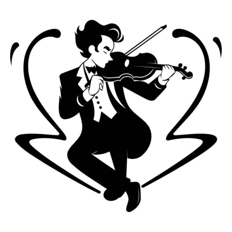 Violinist playing the violin. Black and white vector illustratio