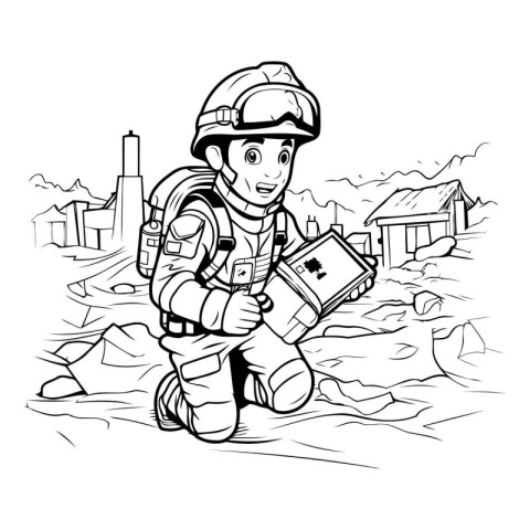 Fireman with a gun. Black and white vector illustration for colo