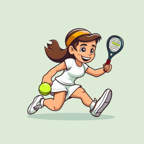 Cartoon girl playing tennis. Vector illustration of a child play