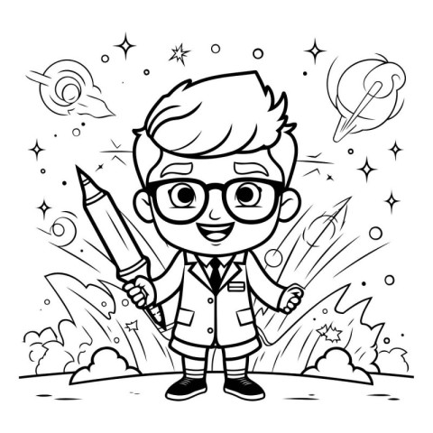 Black and White Cartoon Illustration of Kid Boy Astronaut or Sci