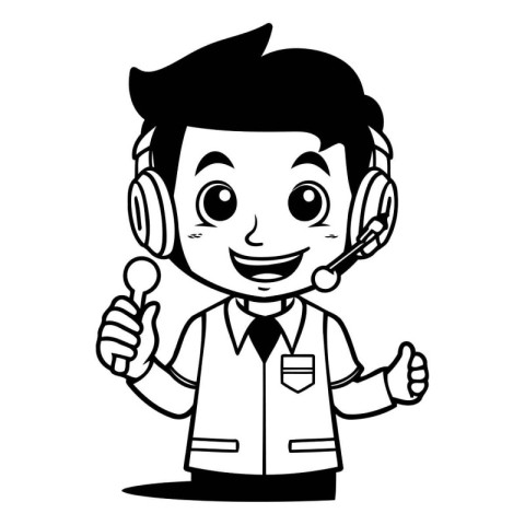 Call Center Operator - Black and White Cartoon Illustration. Vec