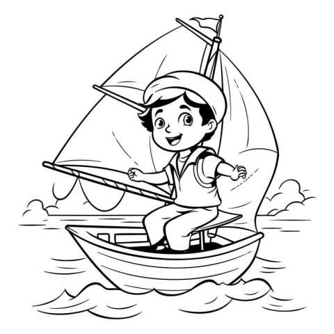 Boy sailing on a boat - black and white vector illustration for