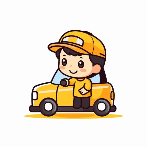 Cartoon boy driving a toy car. Vector illustration on white back