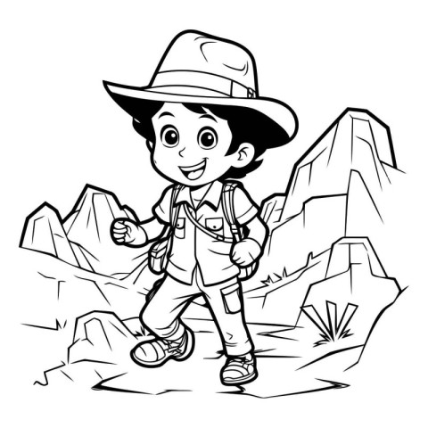 Black and White Cartoon Illustration of Boy Hiking or Camping Ch