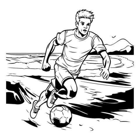 Soccer player on the beach. Black and white vector illustration.