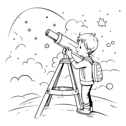 Boy looking through a telescope. Vector illustration in black an