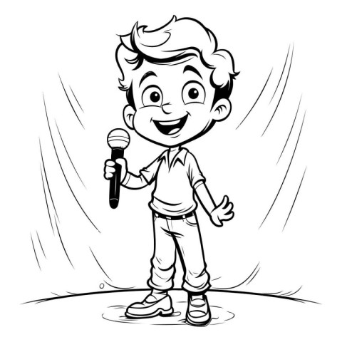 Black and White Cartoon Illustration of Kid Singing with Microph