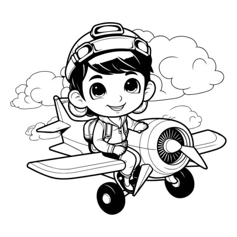 Aviator boy flying with airplane cartoon.vector illustration gra