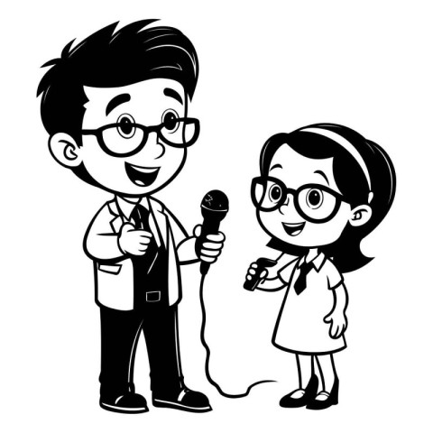 Cute boy and girl speaking with microphone - black and white ill