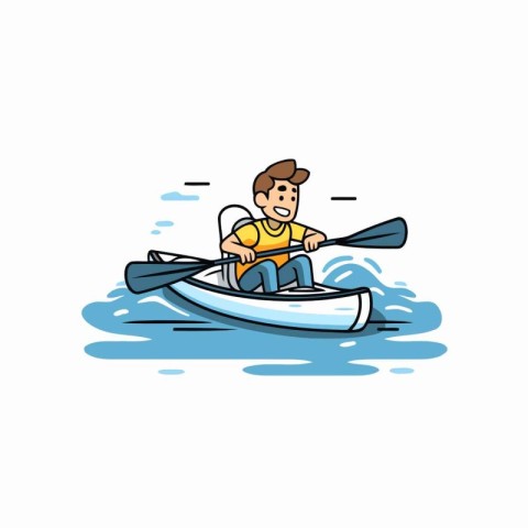 Man rowing on a kayak. Vector illustration in cartoon style.