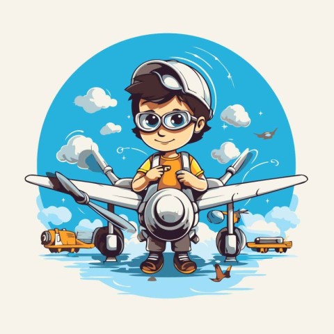 Cute little boy pilot with airplane. Cartoon character. Vector i