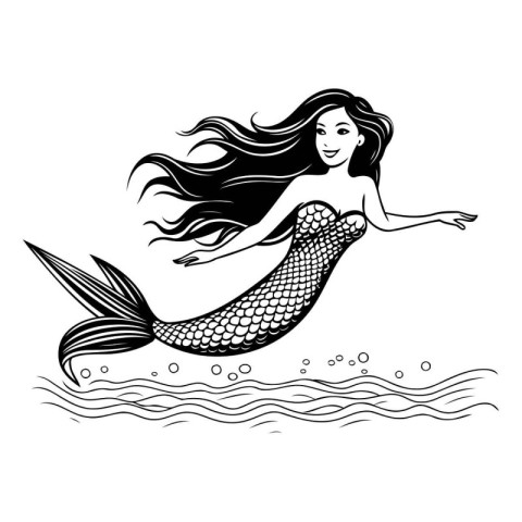 Beautiful mermaid with long hair. Black and white vector illustr