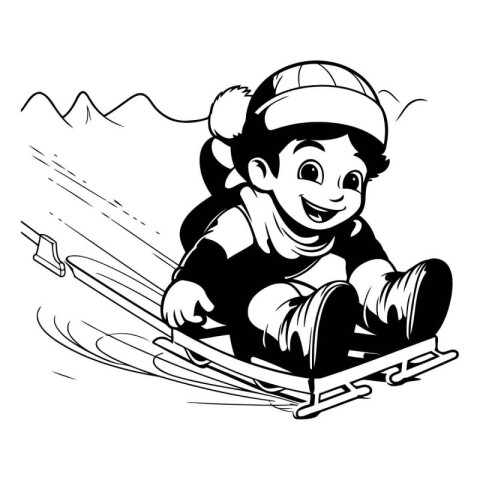 Little boy sliding on skis - black and white vector illustration