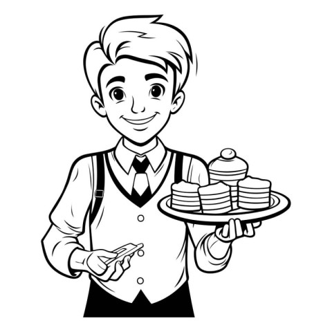 Waiter Holding Tray with Stack of Pancakes - Black and White Car