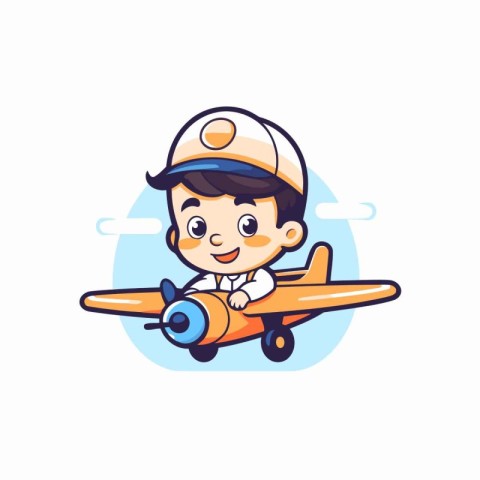 Cute little boy pilot with airplane. Vector character illustrati