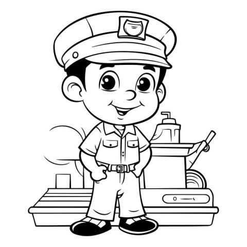 Black and White Cartoon Illustration of a Little Boy Captain or