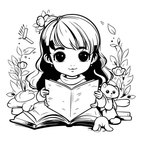 Cute little girl reading a book. Black and white vector illustra