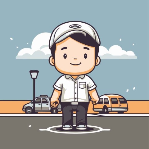 Cartoon boy standing next to the car on the road. Vector illustr