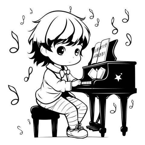 Boy playing piano - black and white vector illustration for colo