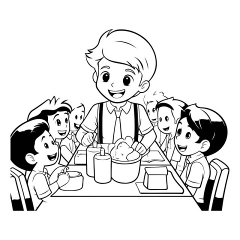 Teacher with students in the kitchen black and white vector illu