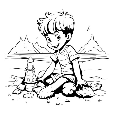 Boy playing on the beach. Black and white vector illustration fo