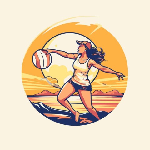 Girl playing volleyball on the beach. Vector illustration in ret