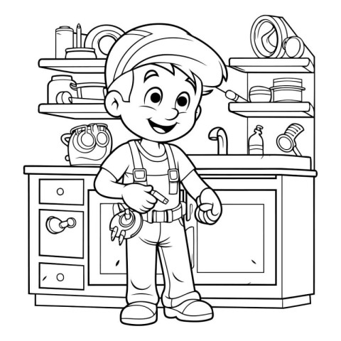 Coloring Page Outline Of a Little Boy Playing in the Kitchen