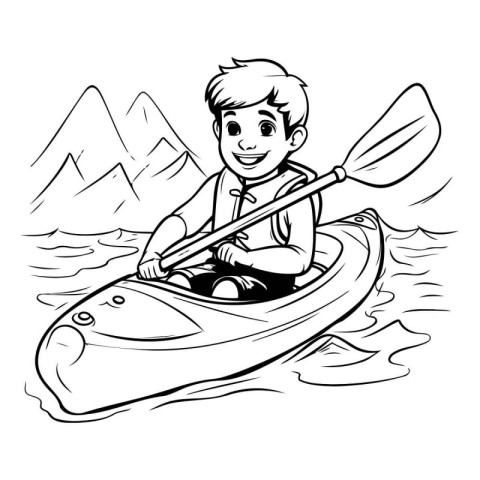 Black and white illustration of a boy kayaking in the mountains.