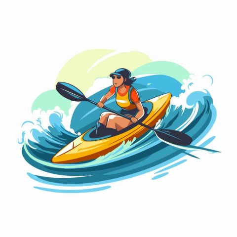 Kayaking woman in a kayak on the waves. Vector illustration