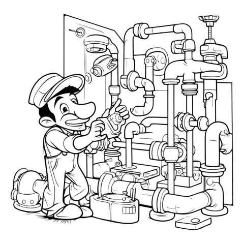 Plumber - Black and White Cartoon Illustration. Coloring Book