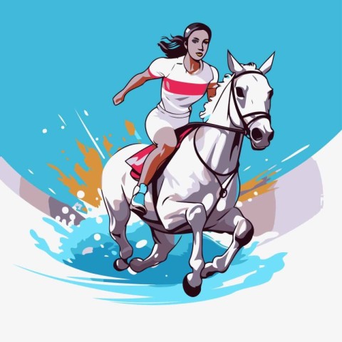 Jockey riding a white horse on a blue background. Vector illustr