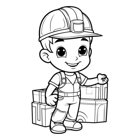 Black and White Cartoon Illustration of Cute Little Boy Builder