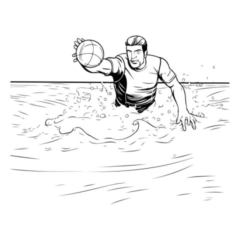 Water polo player in action. Black and white vector illustration