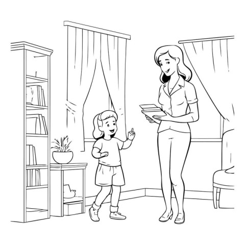 Mother and daughter cartoon at home with bookshelf vector illust