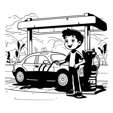 Man refueling car at gas station. Cartoon illustration of man re