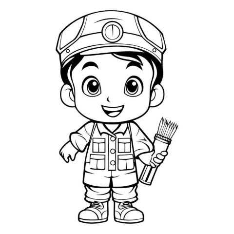 Black and White Cartoon Illustration of Cute Little Boy Captain