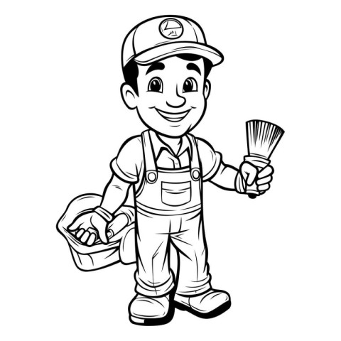 Illustration of a cartoon handyman holding a paint brush and a b