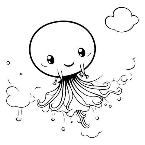 Black and White Cartoon Illustration of Cute Jellyfish Fantasy C