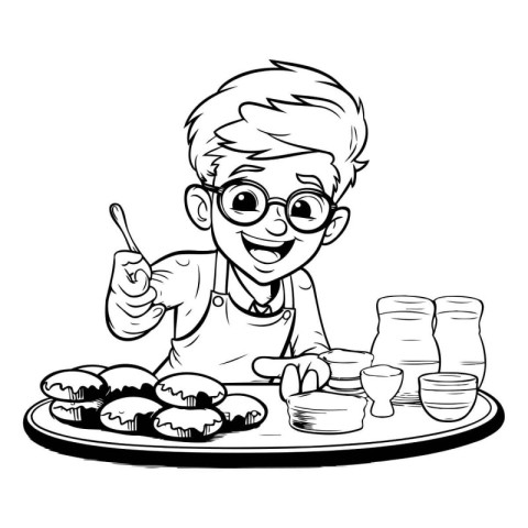 Cute cartoon boy making cupcakes. Black and white vector illustr