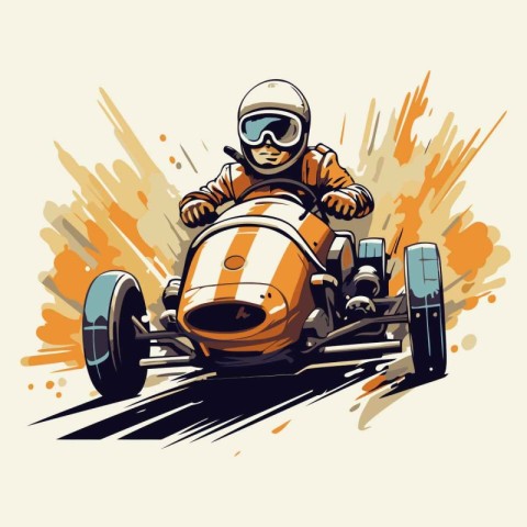 Biker in helmet driving a vintage race car. Vector illustration.