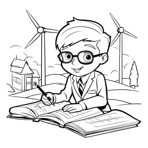 Black and White Cartoon Illustration of Kid Boy Studying or Lear