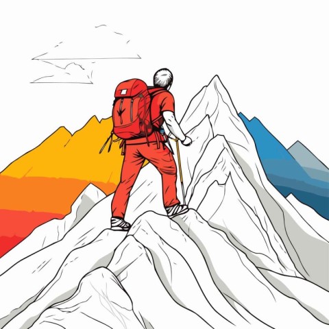 Vector illustration of a man with a backpack on top of a mountai