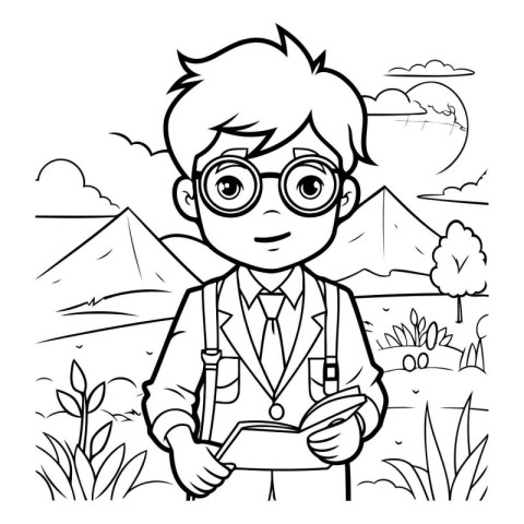 Outline cartoon of boy with glasses reading a book. Vector illus