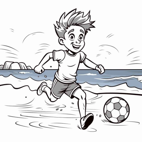 Little boy playing soccer on the beach. Vector illustration read